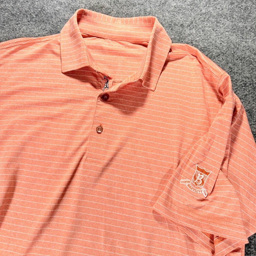 Bobby Jones Golf Polo Shirt Mens L Orange Striped Bartlett Country Club Stretch